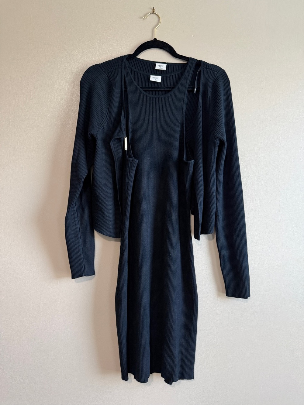 Abercrombie & Fitch Black Ribbed Midi Dress with Matching Cardigan